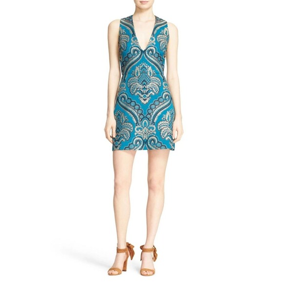 Alice + Olivia Sz 2 Natalee Jacquard Racerback A-Line Dress Turquoise Peacock - Picture 9 of 9